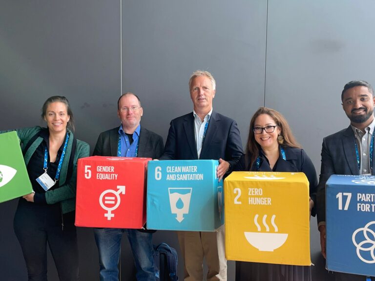 Five people standing in a row with colourful cubes representing the SDGs