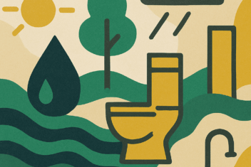 Infographic displacing a toilet surrounded by different climate disasters including extreme weathers and flooding.