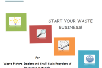 Start your own waste business title with four coloured blocks showing different icons: lightbulb, magnifying glass, open book and go button