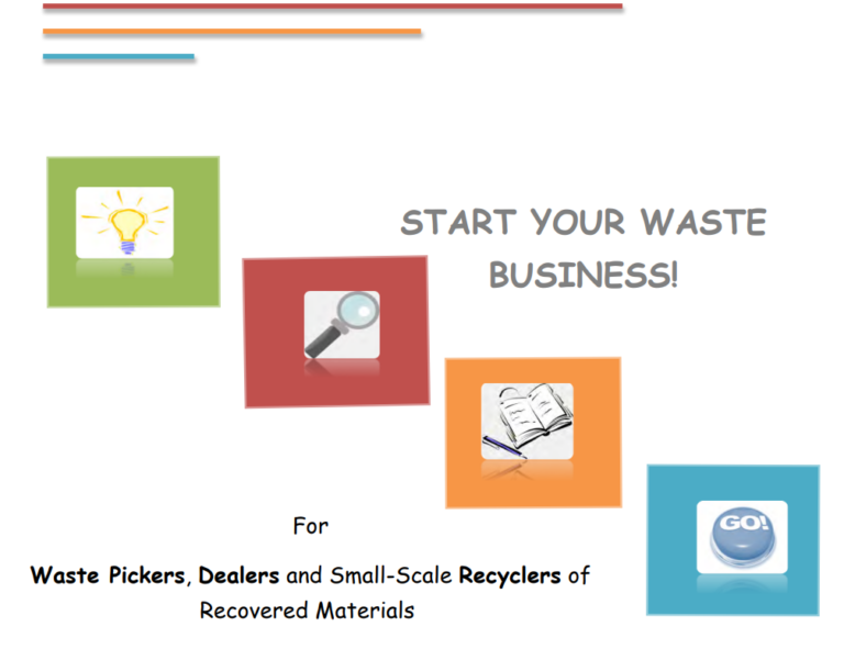 Start your own waste business title with four coloured blocks showing different icons: lightbulb, magnifying glass, open book and go button