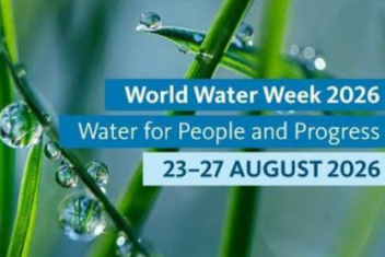 World Water Week 2026 banner including dates 23-27 August on backdrop of leaves with water droplets